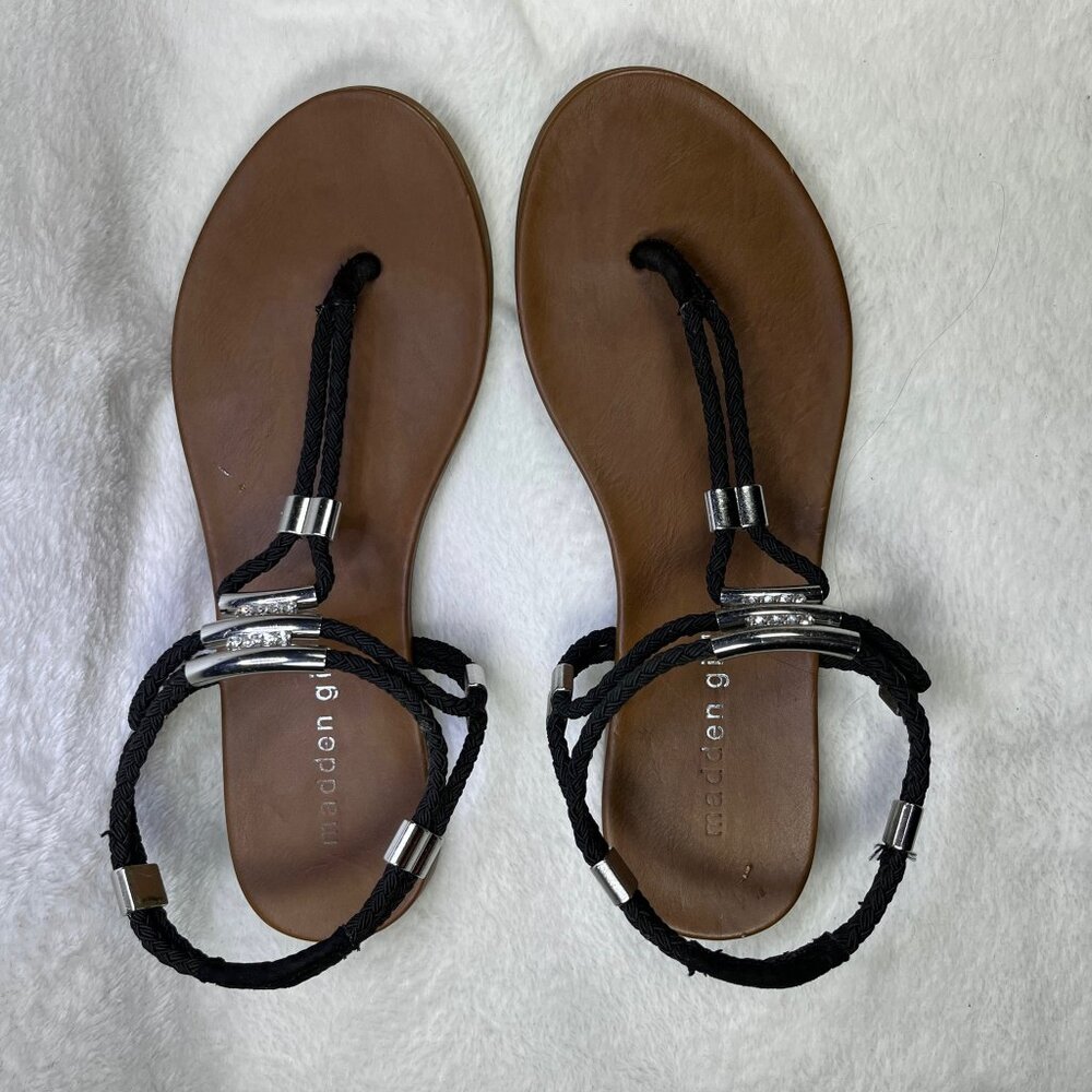 Madden Girl Black Rope Strap Thong Sandals 6.5 Silver & Rhinestone Accents
